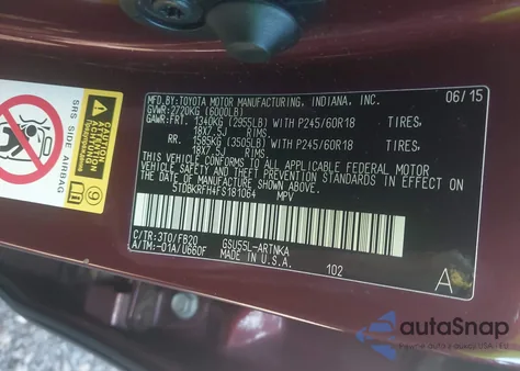 2015 Toyota Highlander Le/Le Plus z USA, uszkodzony, nr VIN 5TDBKRFH4FS181064